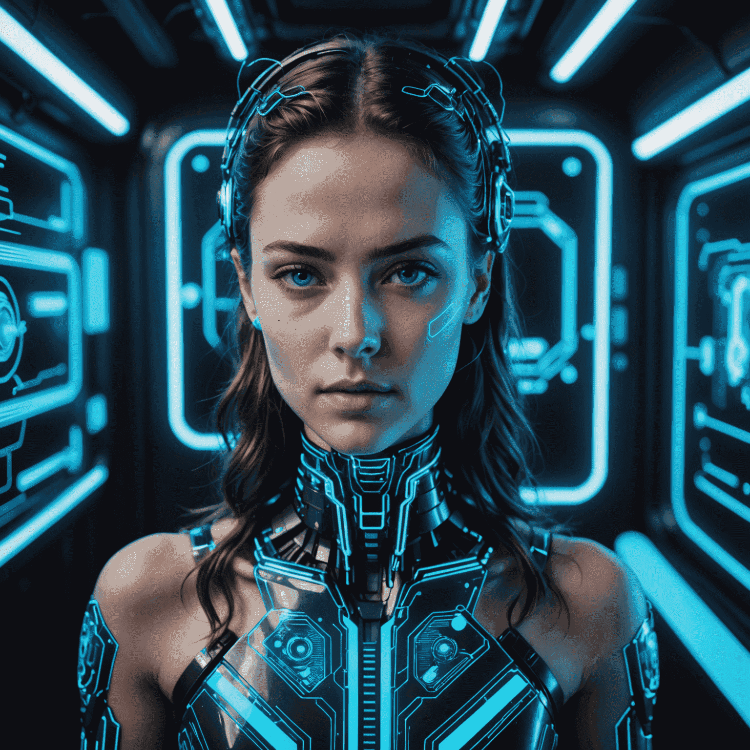 A futuristic interface showing AI photo editing tools, with neon blue highlights and a high-contrast image being edited