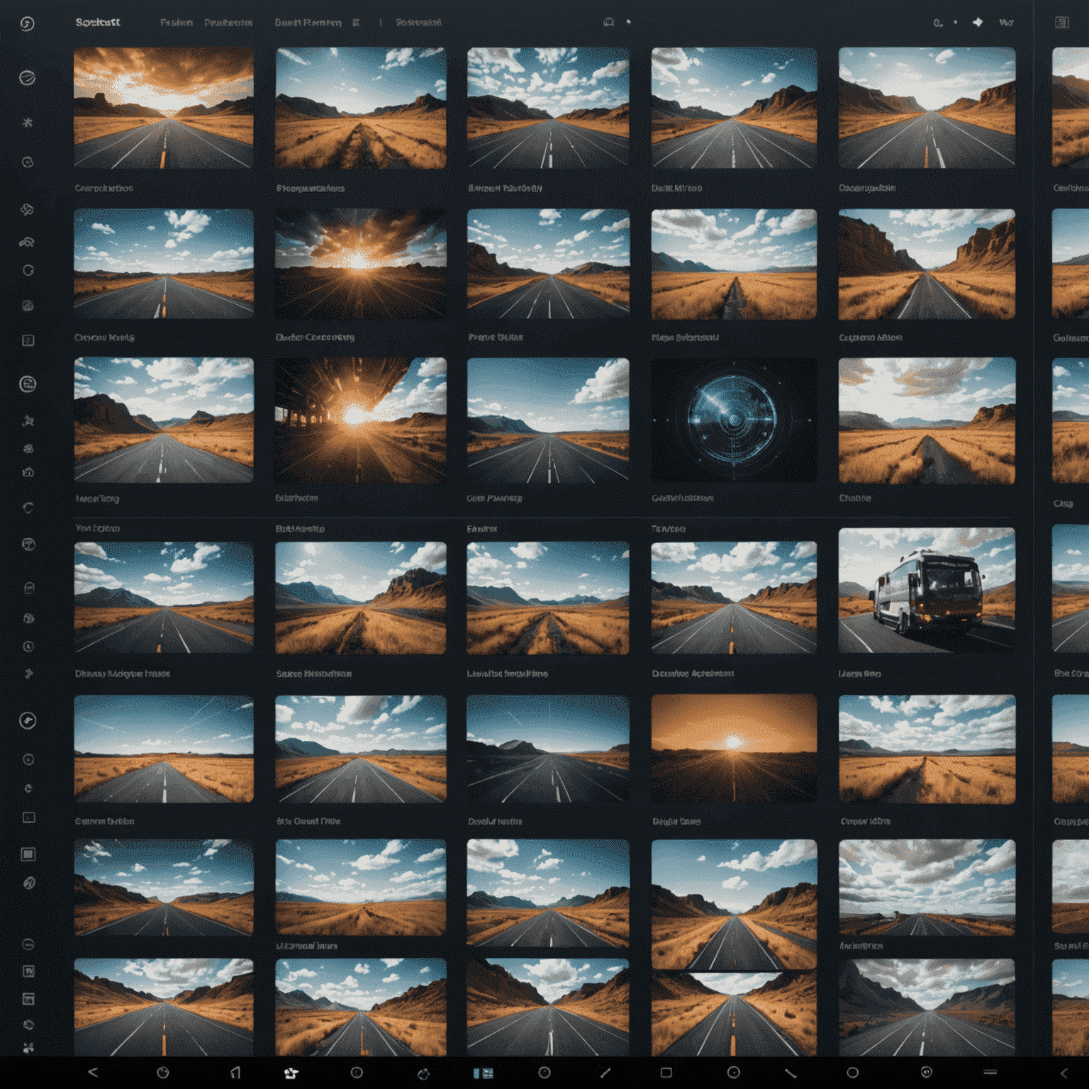 A futuristic interface showing multiple photos being processed simultaneously with AI-powered tools. The image displays a grid of thumbnails with progress bars and real-time edit previews.